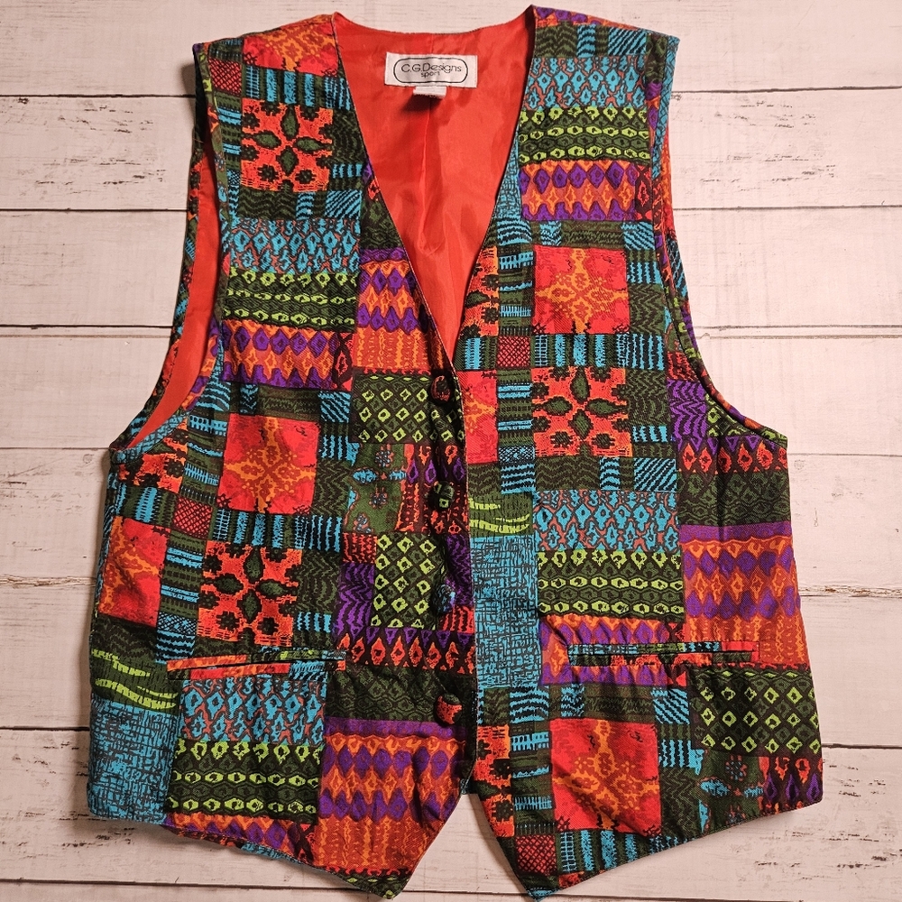 VTG‎ C.G. Designs Sport Silk Patchwork Vest Small 90s Boho Chic Grandmacore Art
